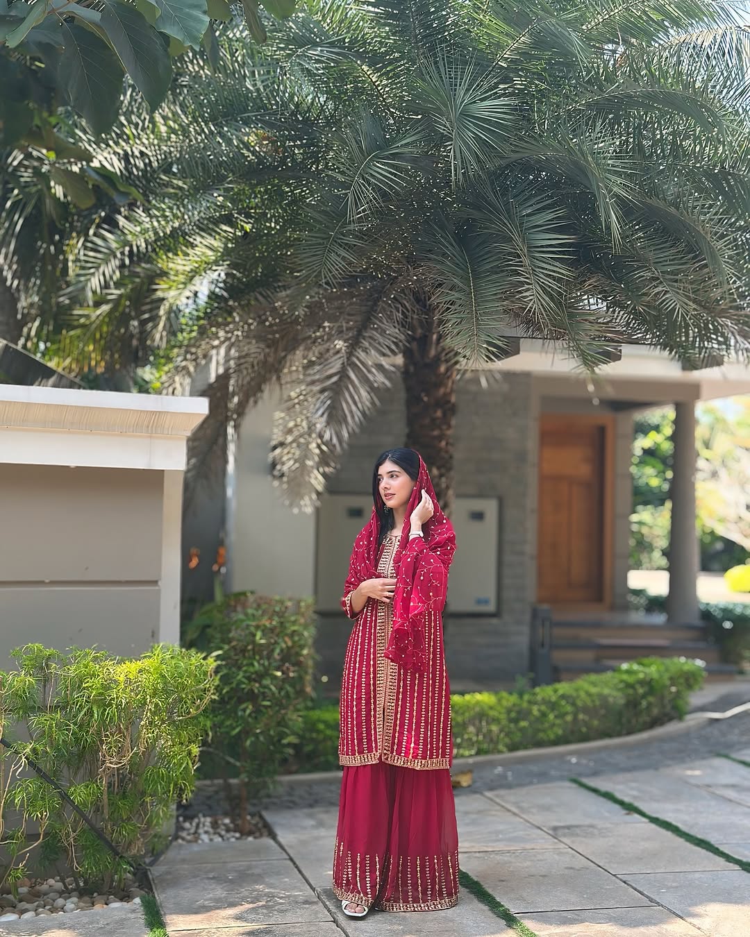 Rich Maroon Embroidered Faux Georgette Sharara Suit Set with Dupatta