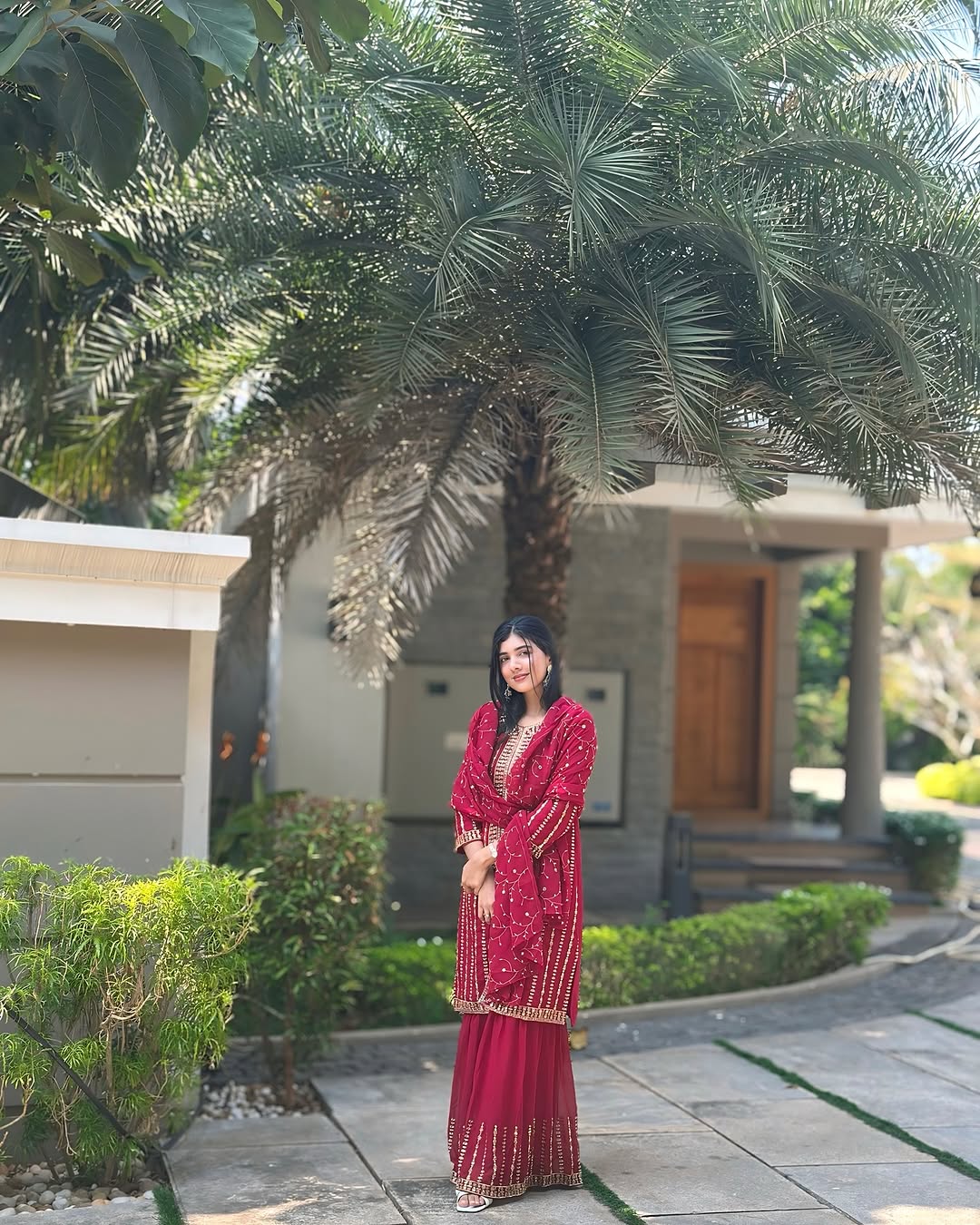 Rich Maroon Embroidered Faux Georgette Sharara Suit Set with Dupatta