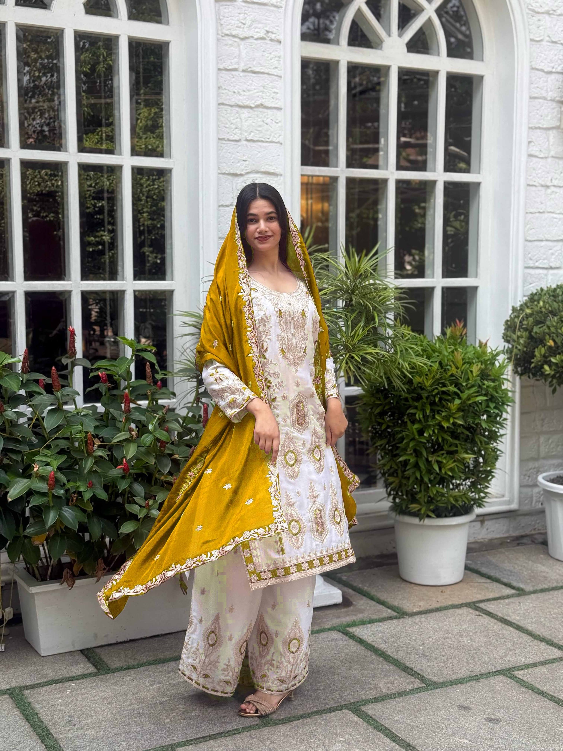 Elegant White & Maroon and Yellow Embroidered Chinon Silk Suit Set with Dupatta
