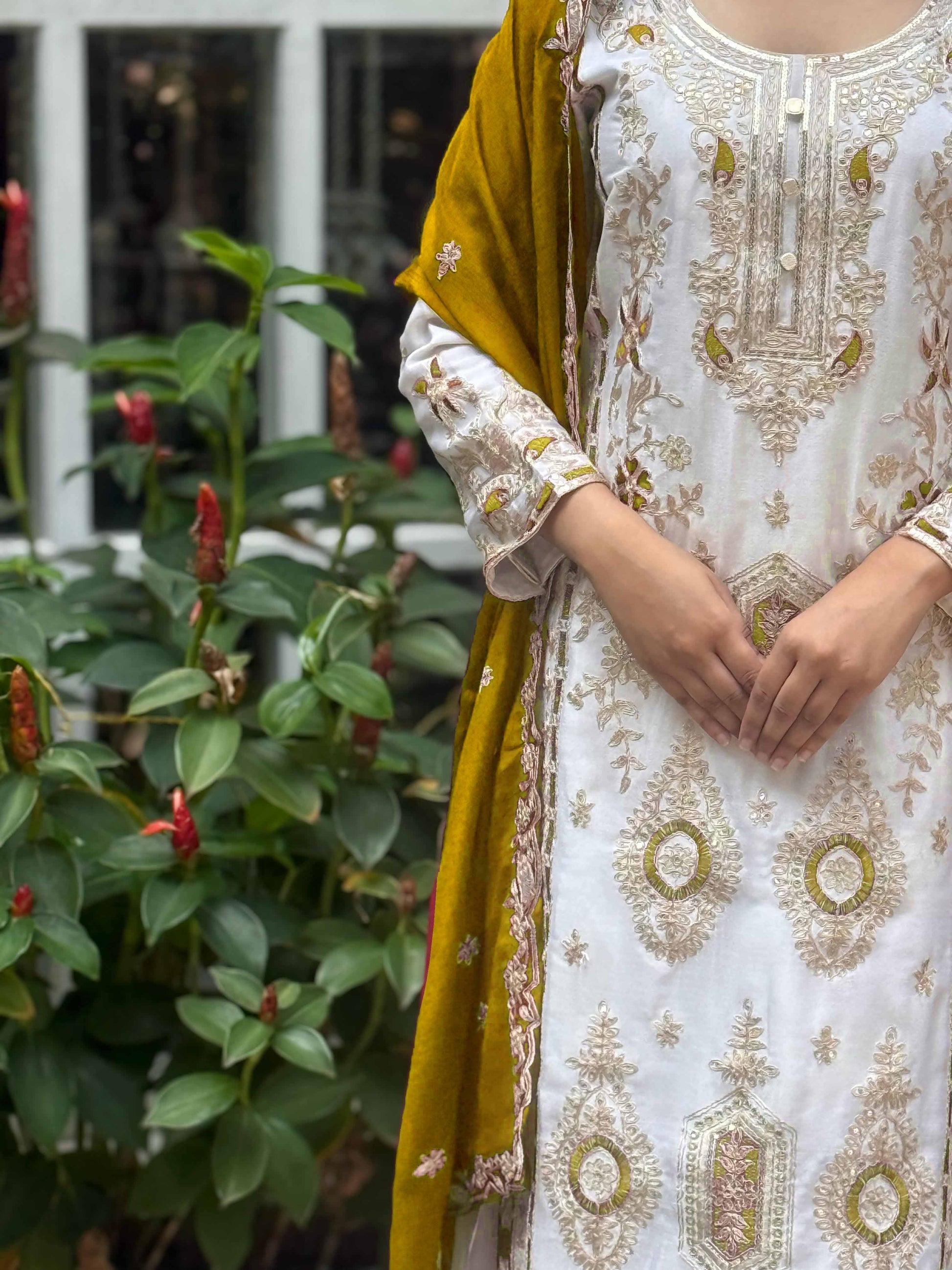 Elegant White & Maroon and Yellow Embroidered Chinon Silk Suit Set with Dupatta