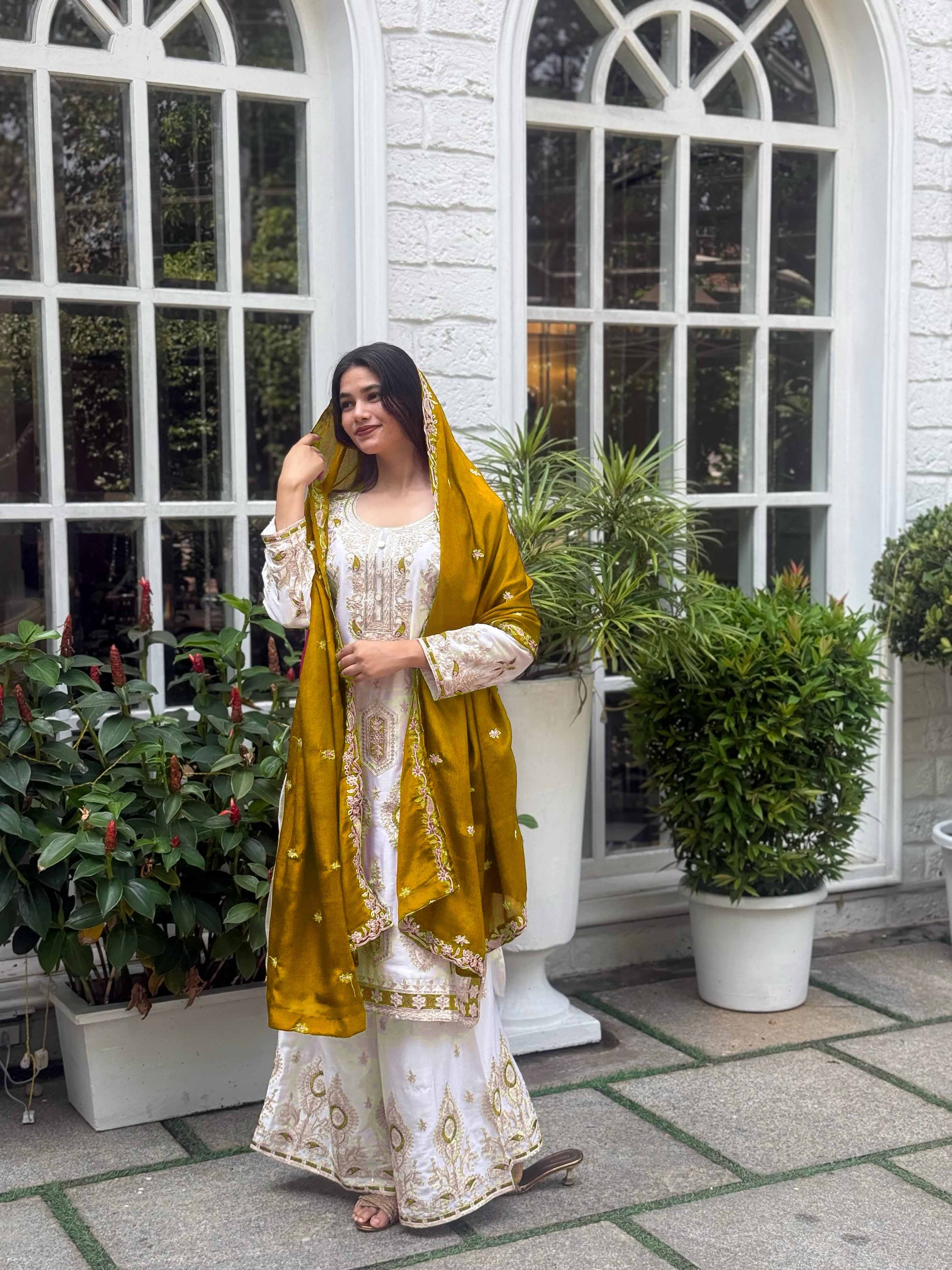 Elegant White & Maroon and Yellow Embroidered Chinon Silk Suit Set with Dupatta