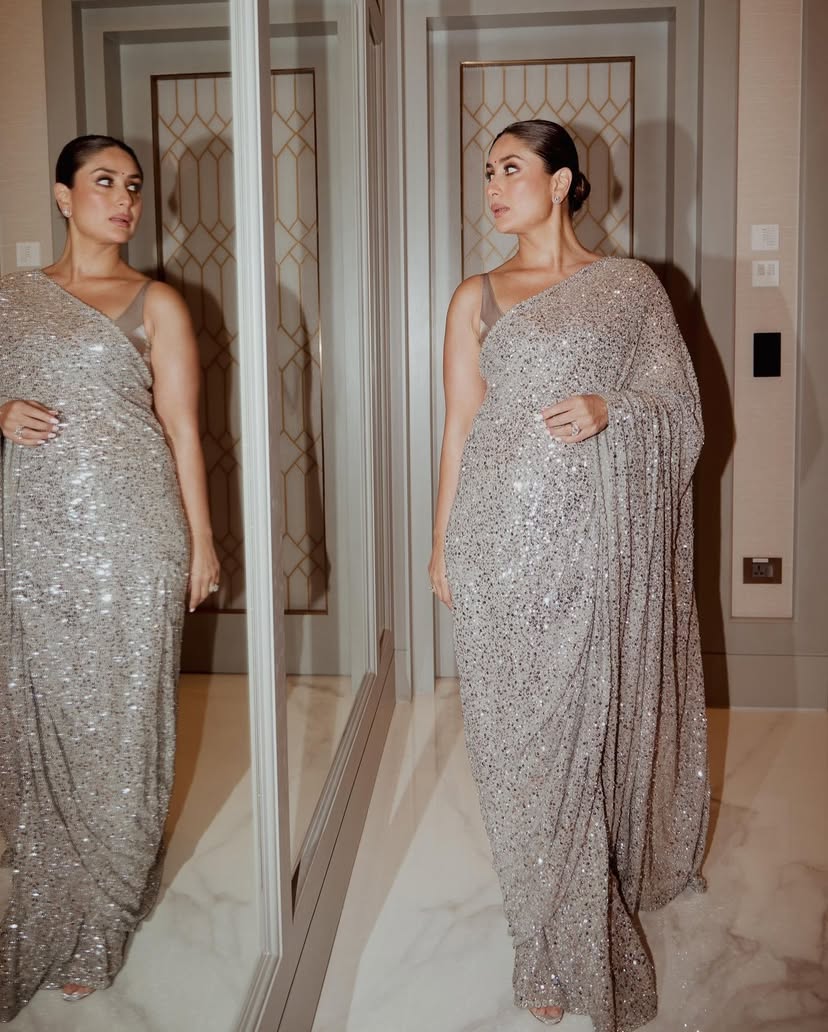 Silver All-Over Sequin Embellished Party Saree with Blouse