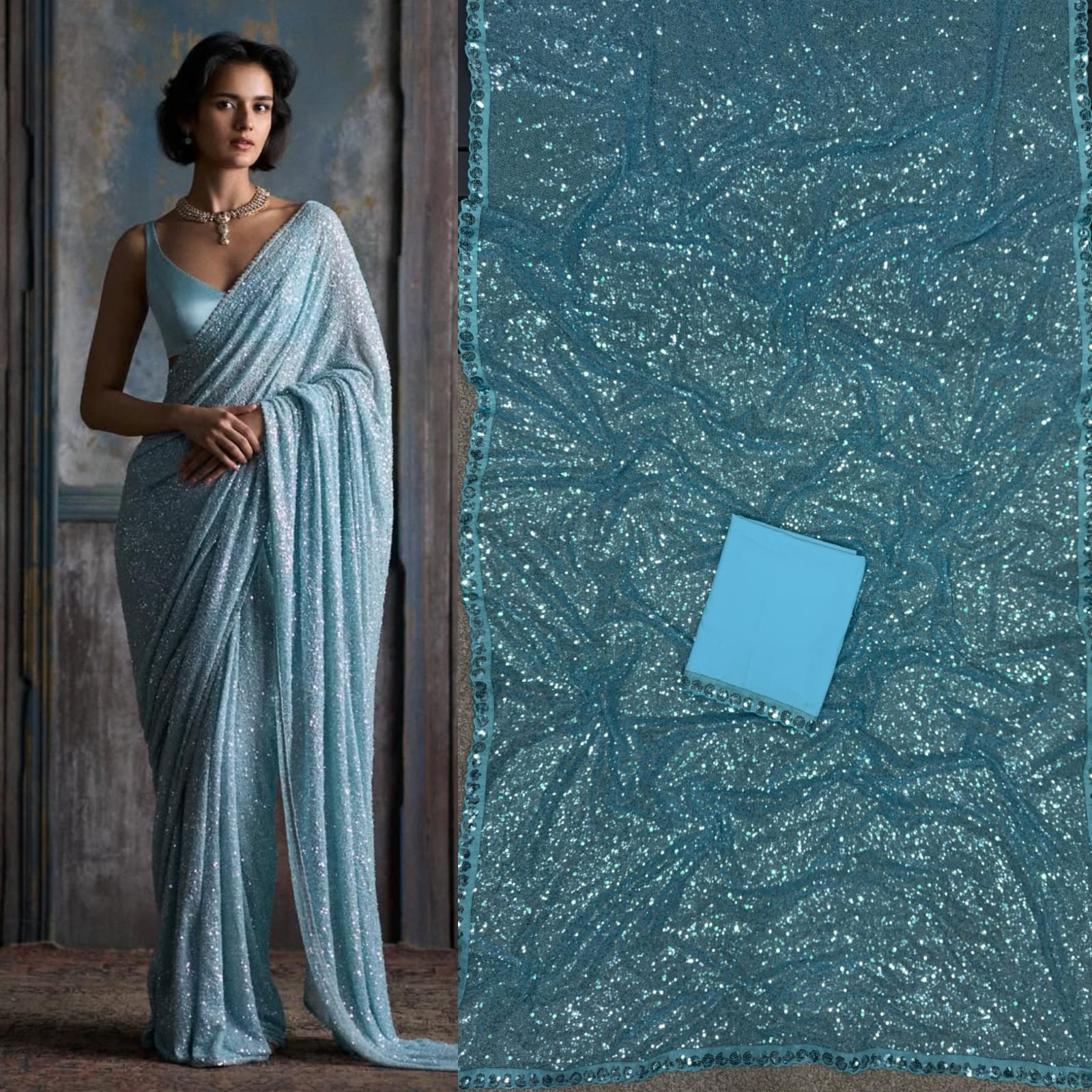 Glamorous Teal Blue Sequin Saree with Matching Blouse Piece