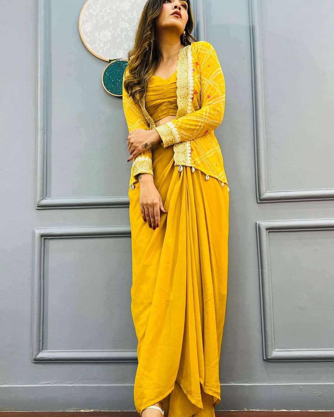 🌼 Elegant Mustard Yellow Indo-Western Drape Set 🌼