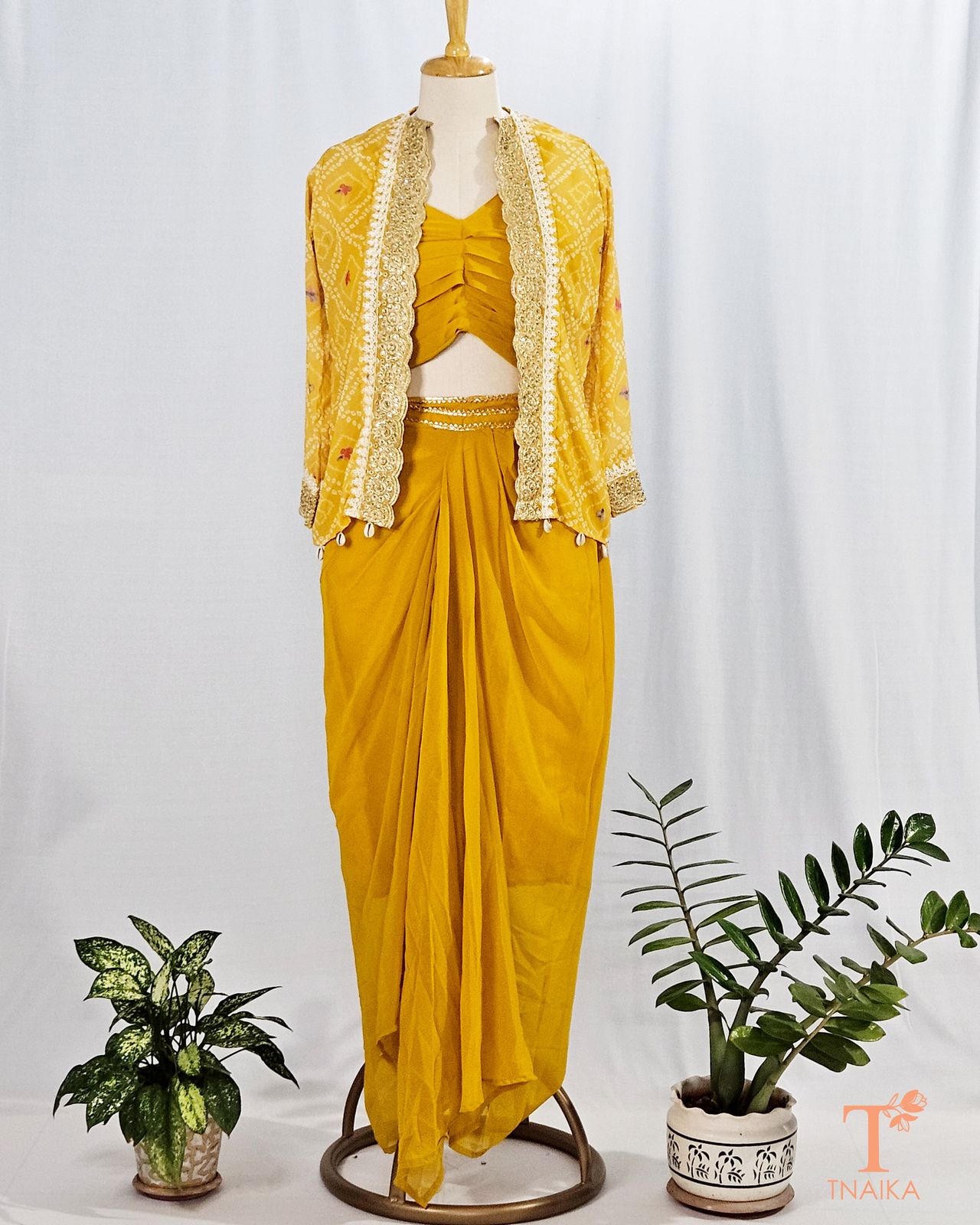 🌼 Elegant Mustard Yellow Indo-Western Drape Set 🌼
