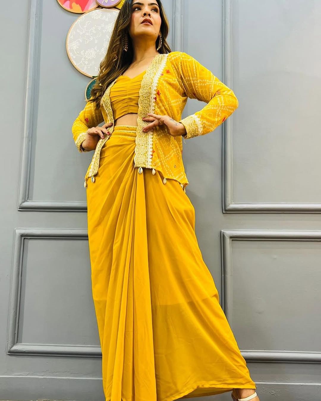 🌼 Elegant Mustard Yellow Indo-Western Drape Set 🌼