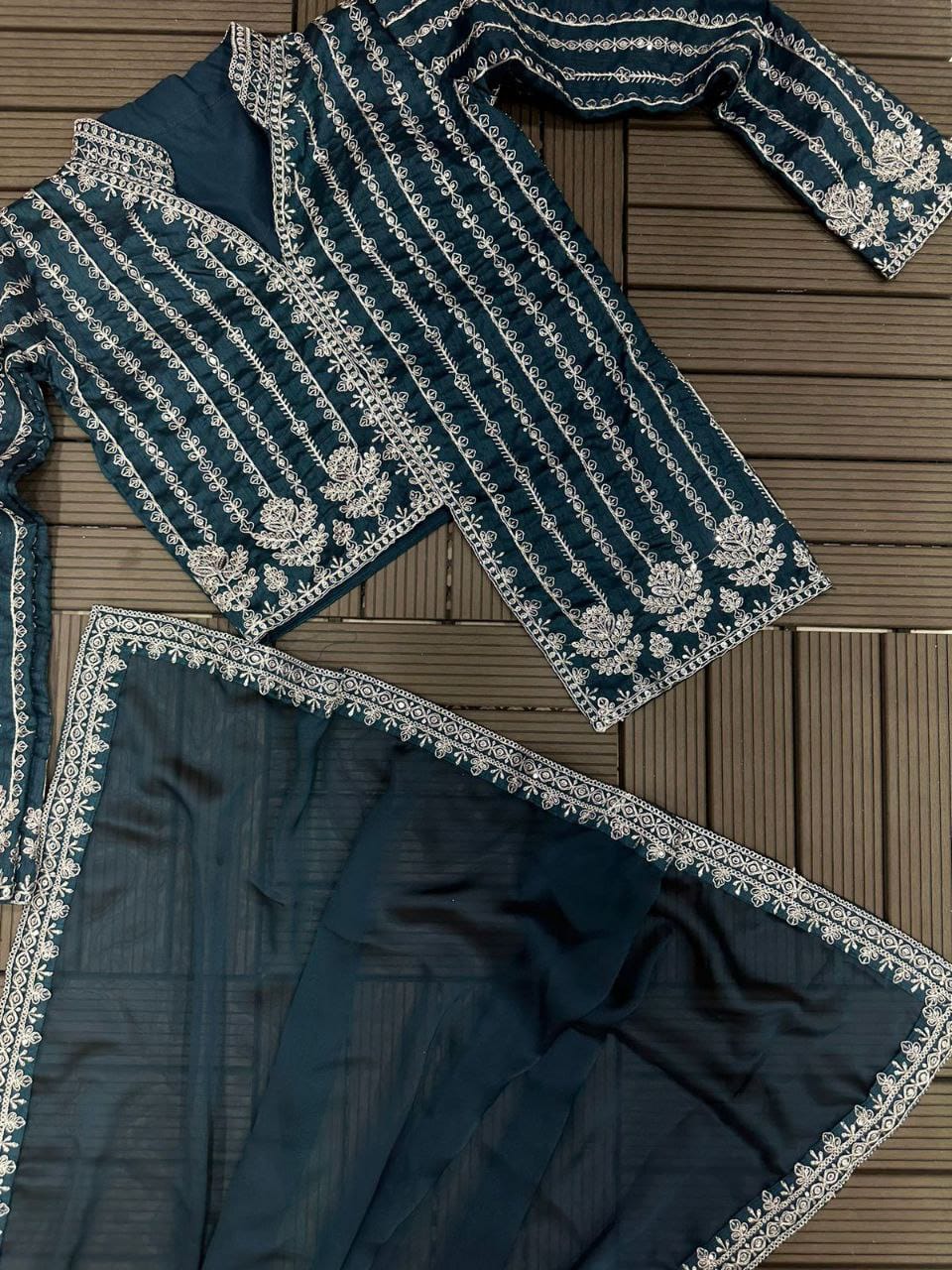 🌼✨Premium Embroidered Saree Set with Designer Jacket Blouse✨🌼