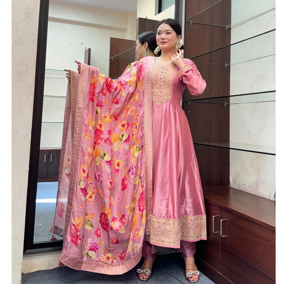 🌸 Pink Floral Embroidered Anarkali Set with Dupatta 🌸