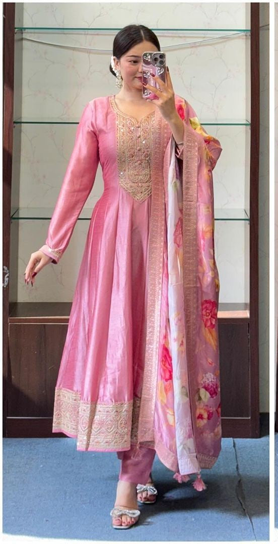 🌸 Pink Floral Embroidered Anarkali Set with Dupatta 🌸