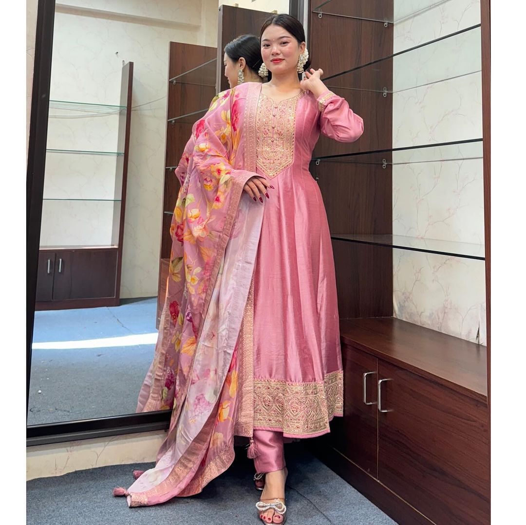 🌸 Pink Floral Embroidered Anarkali Set with Dupatta 🌸