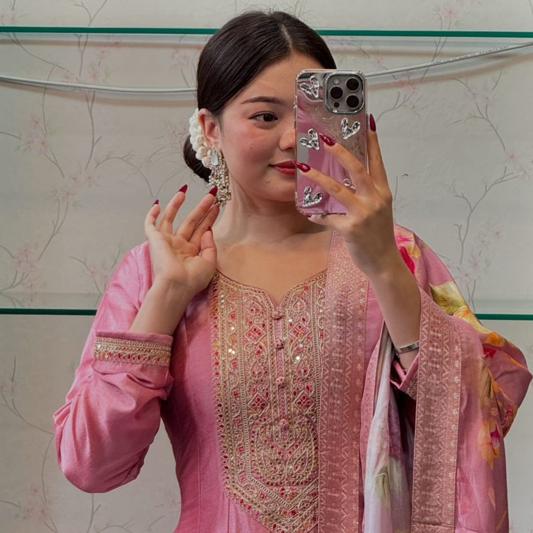 🌸 Pink Floral Embroidered Anarkali Set with Dupatta 🌸