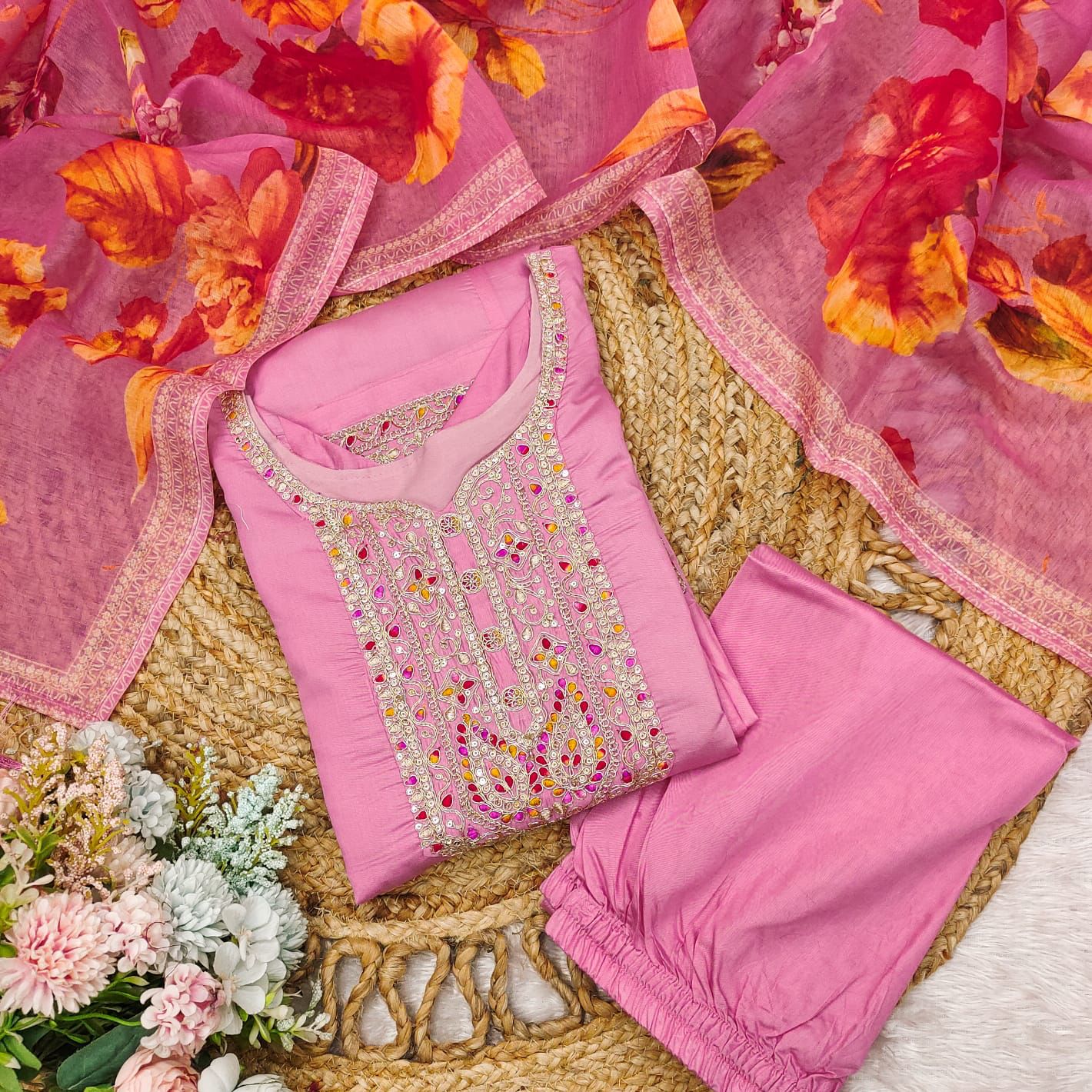 🌸 Pink Floral Embroidered Anarkali Set with Dupatta 🌸