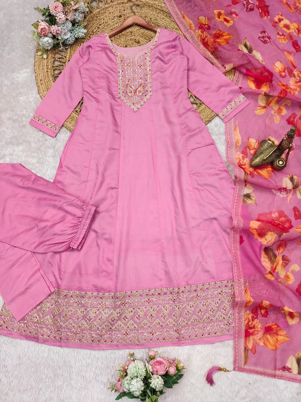 🌸 Pink Floral Embroidered Anarkali Set with Dupatta 🌸