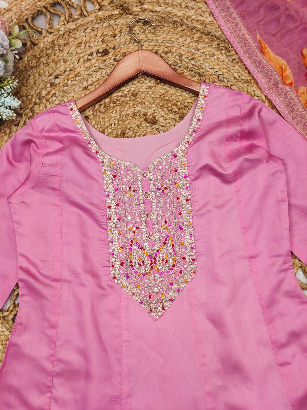 🌸 Pink Floral Embroidered Anarkali Set with Dupatta 🌸