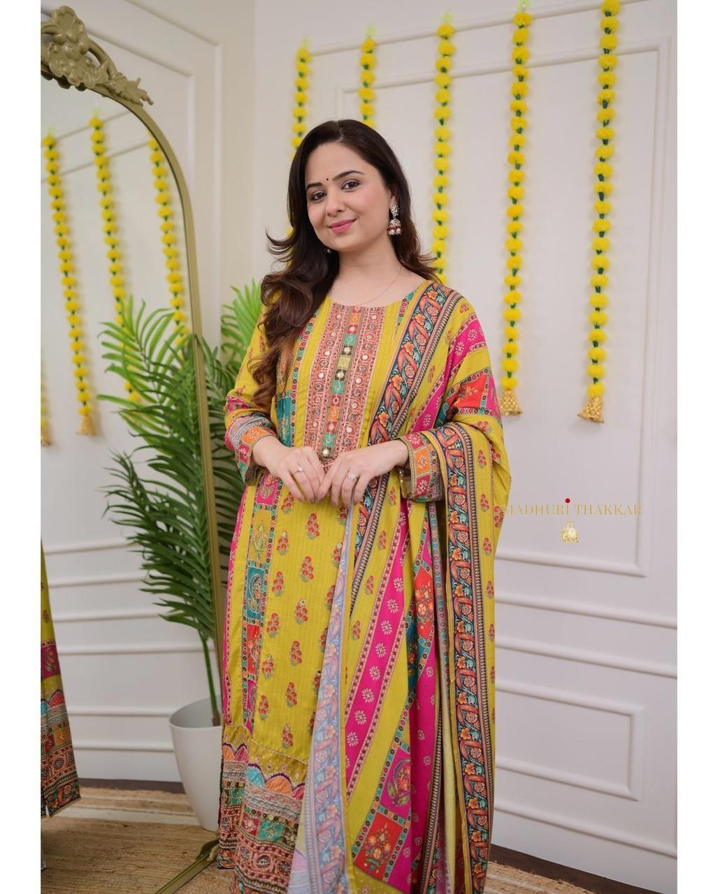 🌼 Yellow Mirror Work Ethnic Kurta Set with Dupatta 🌼