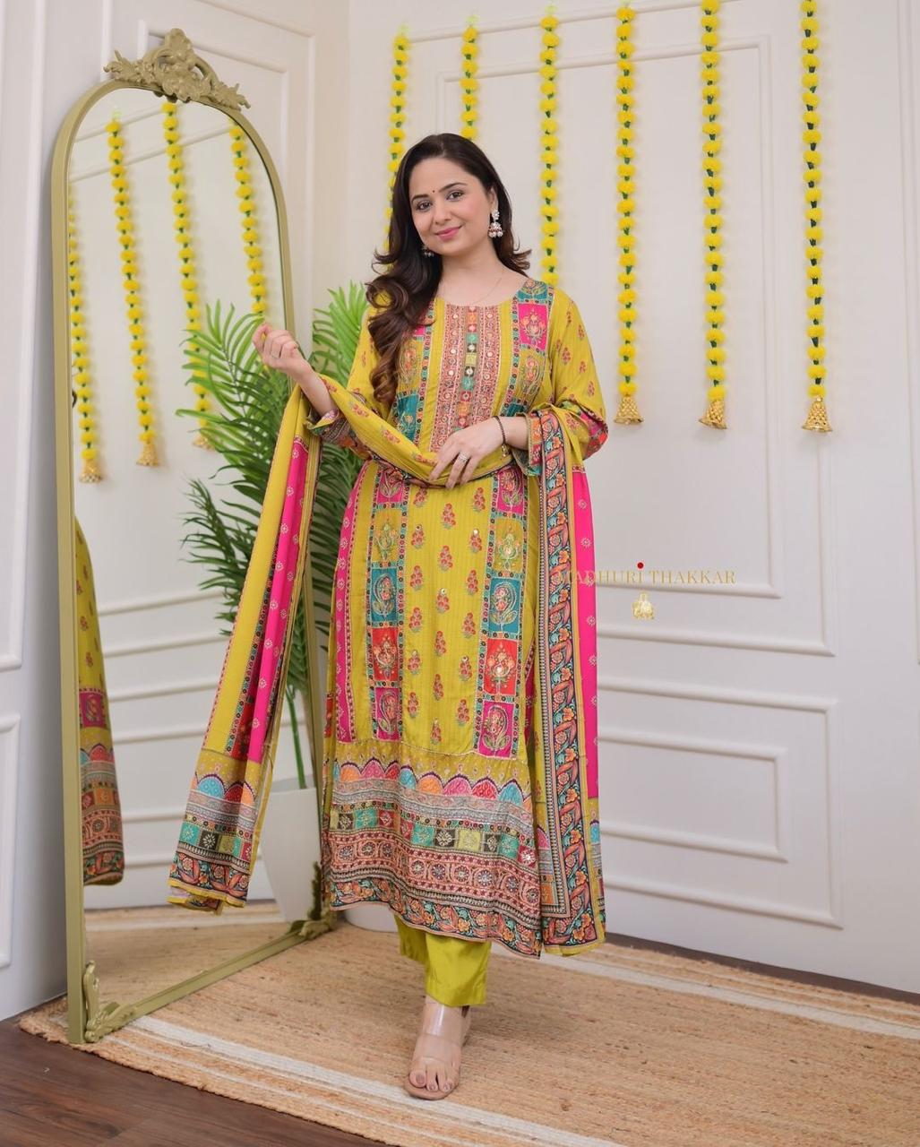 🌼 Yellow Mirror Work Ethnic Kurta Set with Dupatta 🌼