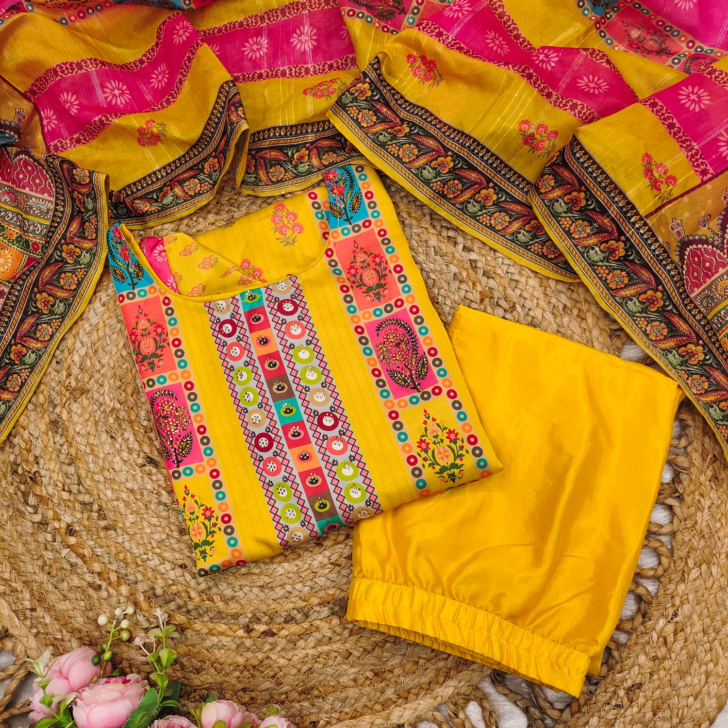 🌼 Yellow Mirror Work Ethnic Kurta Set with Dupatta 🌼