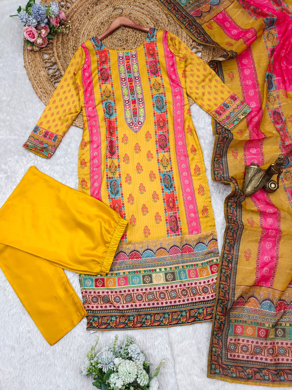 🌼 Yellow Mirror Work Ethnic Kurta Set with Dupatta 🌼