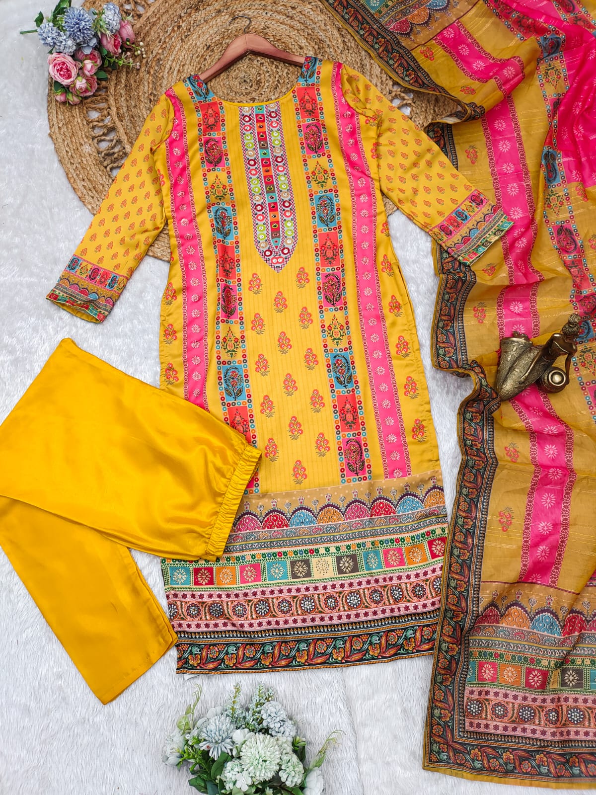 🌼 Yellow Mirror Work Ethnic Kurta Set with Dupatta 🌼