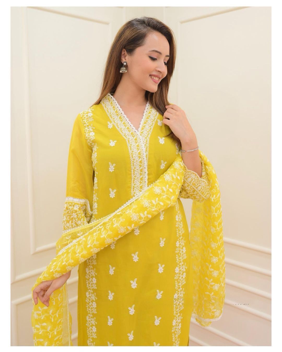 💛 Lemon Yellow Chikankari Embroidered Suit Set 💛