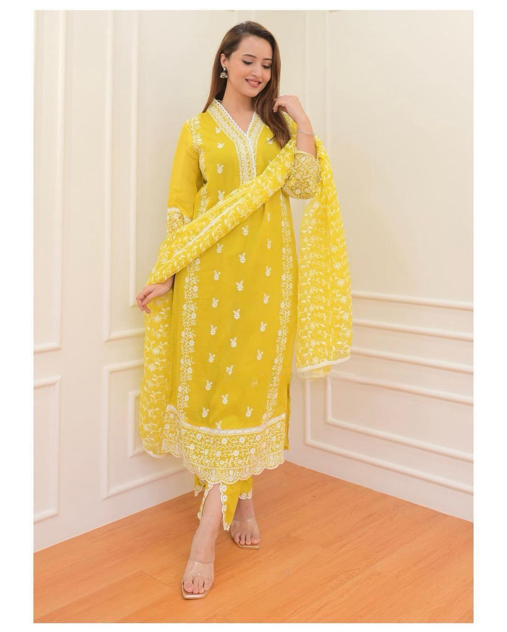 💛 Lemon Yellow Chikankari Embroidered Suit Set 💛