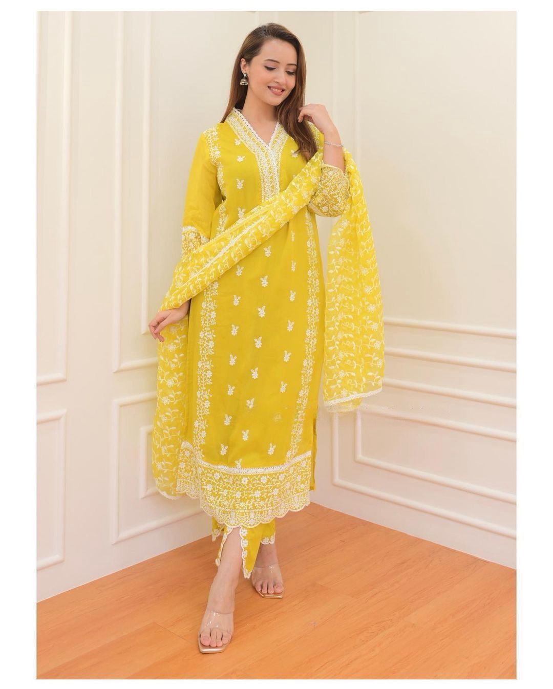 💛 Lemon Yellow Chikankari Embroidered Suit Set 💛