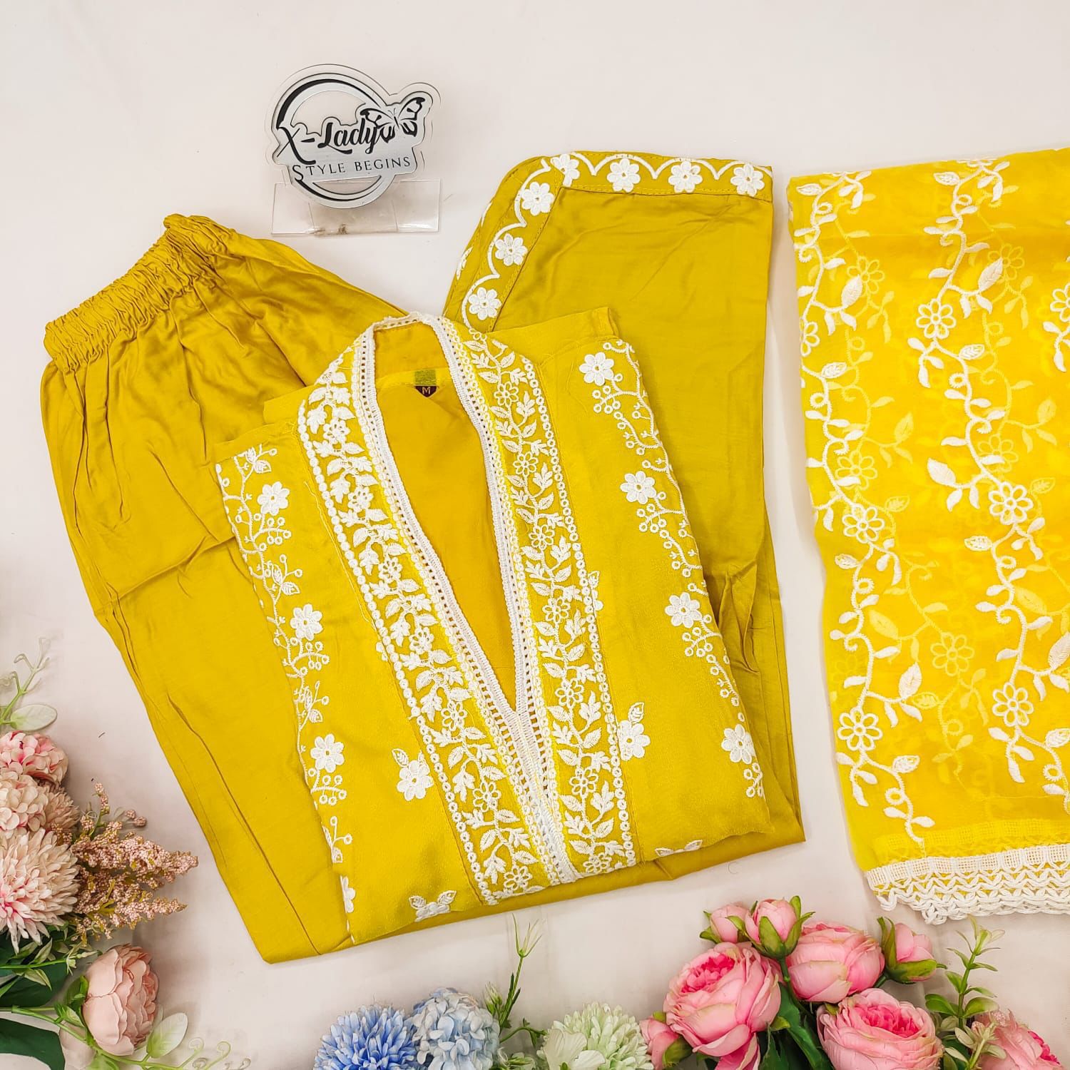 💛 Lemon Yellow Chikankari Embroidered Suit Set 💛