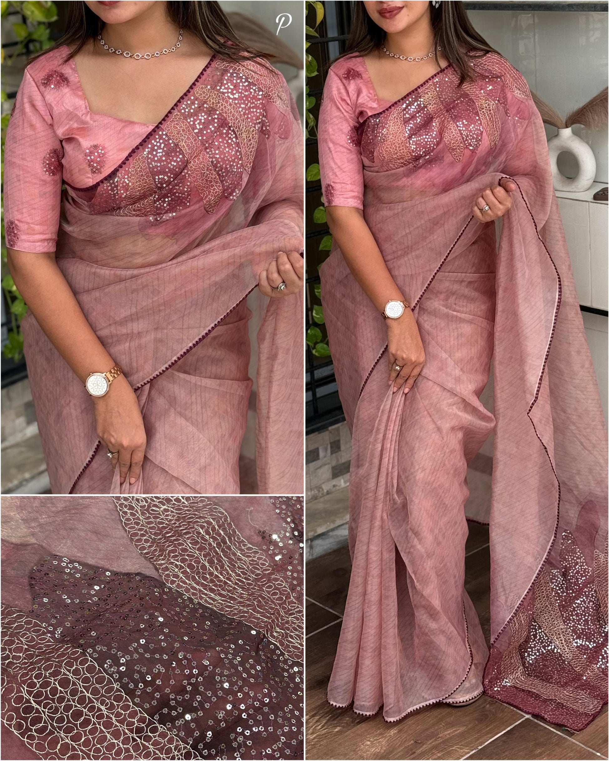 🌸Dusty Rose Embroidered Linen Saree with Sequin & Thread Work – Elegant Party & Festive Wear🌸