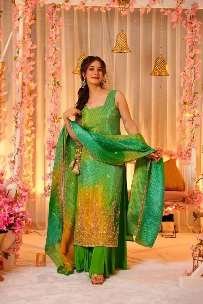 💚 Lime Green & Yellow Ombre Sharara Suit Set