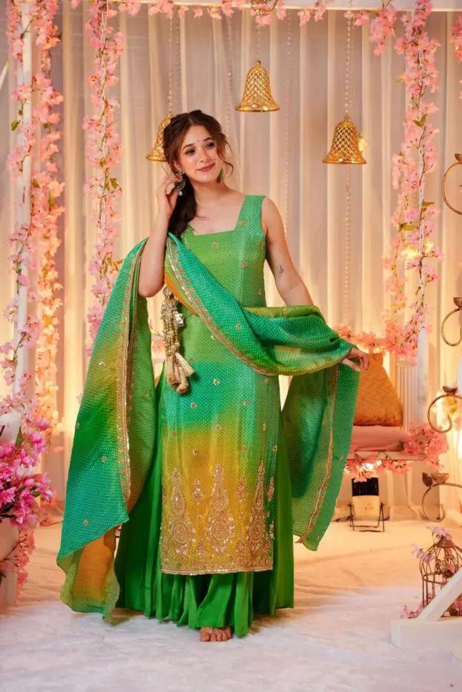 💚 Lime Green & Yellow Ombre Sharara Suit Set