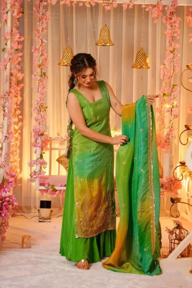 💚 Lime Green & Yellow Ombre Sharara Suit Set