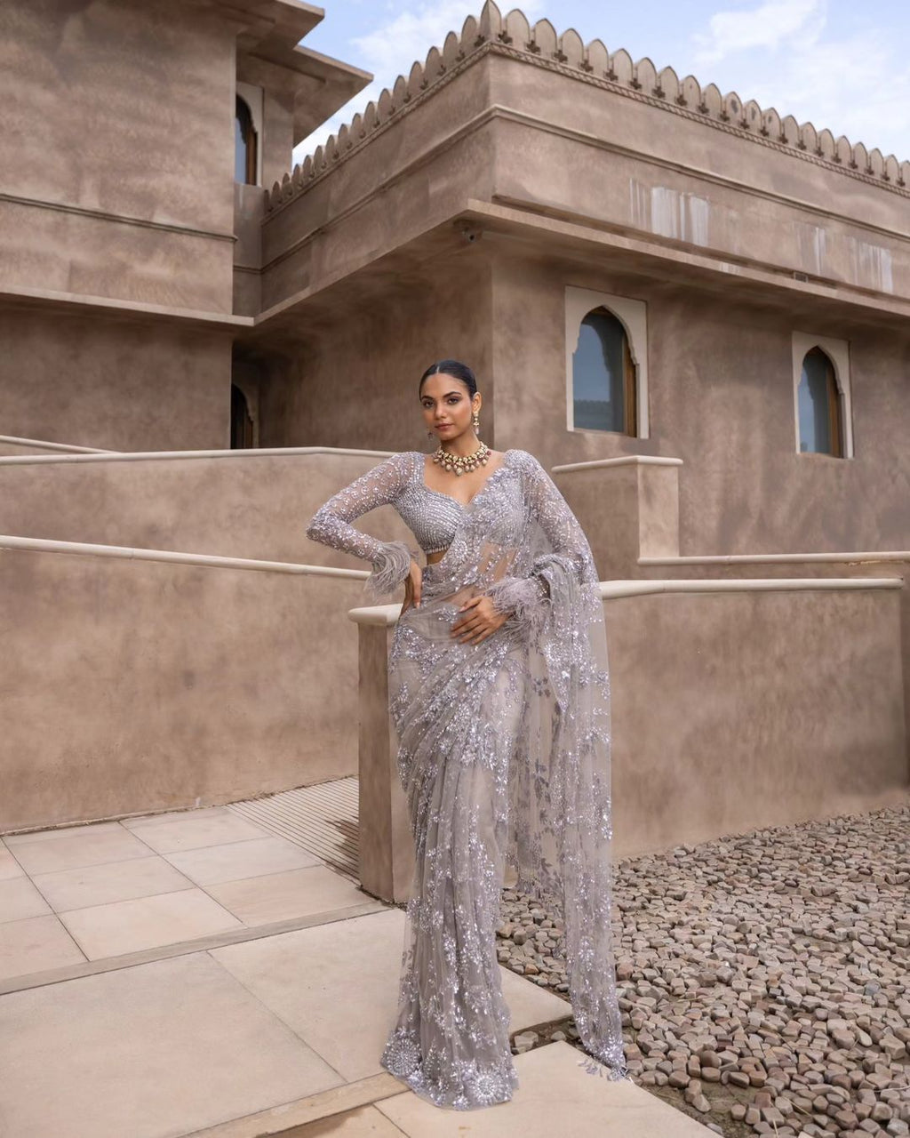 Women's Designer Grey Net Saree with Full Sleeve Embellished Blouse – Sequined Wedding & Partywear Saree