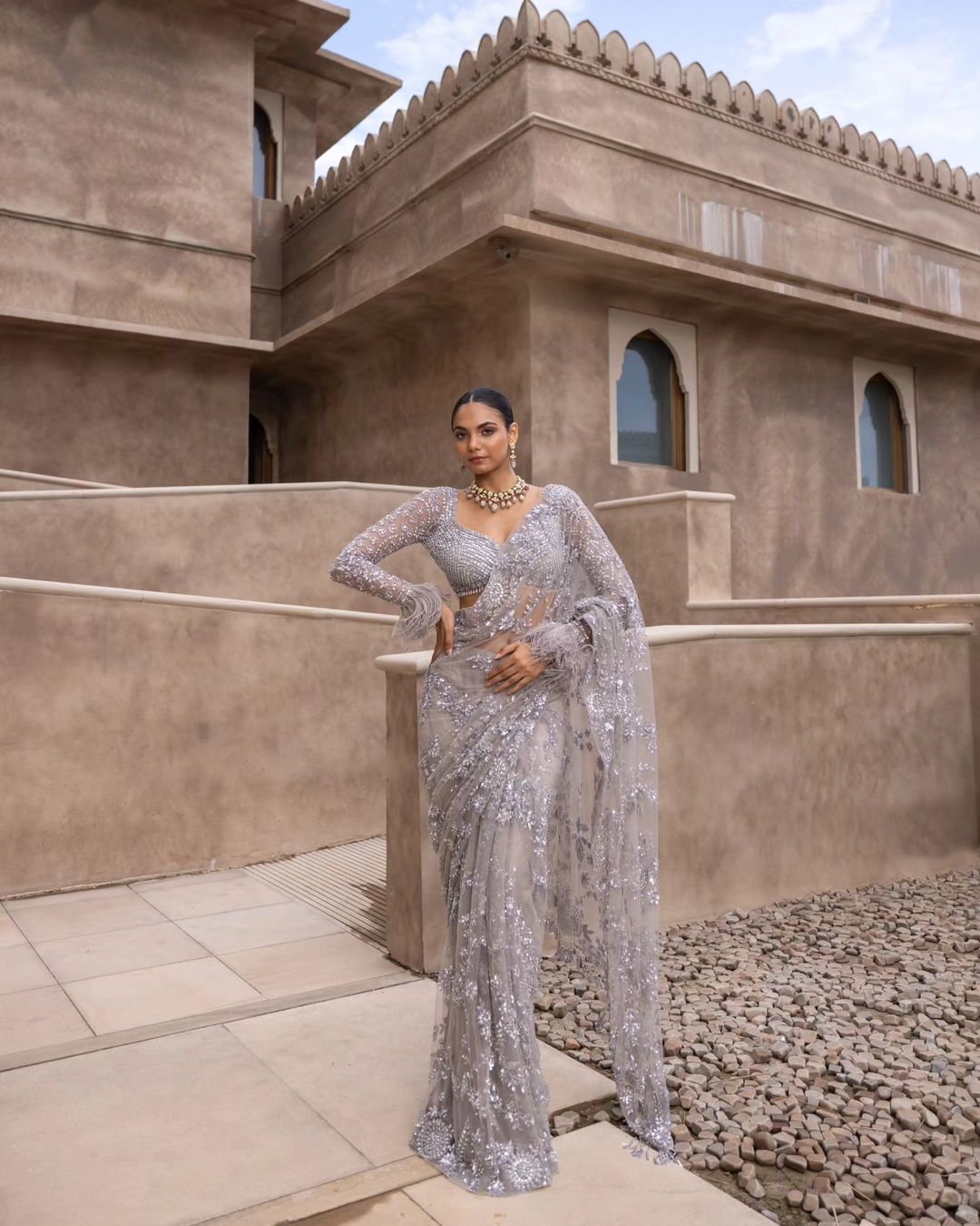Women's Designer Grey Net Saree with Full Sleeve Embellished Blouse – Sequined Wedding & Partywear Saree