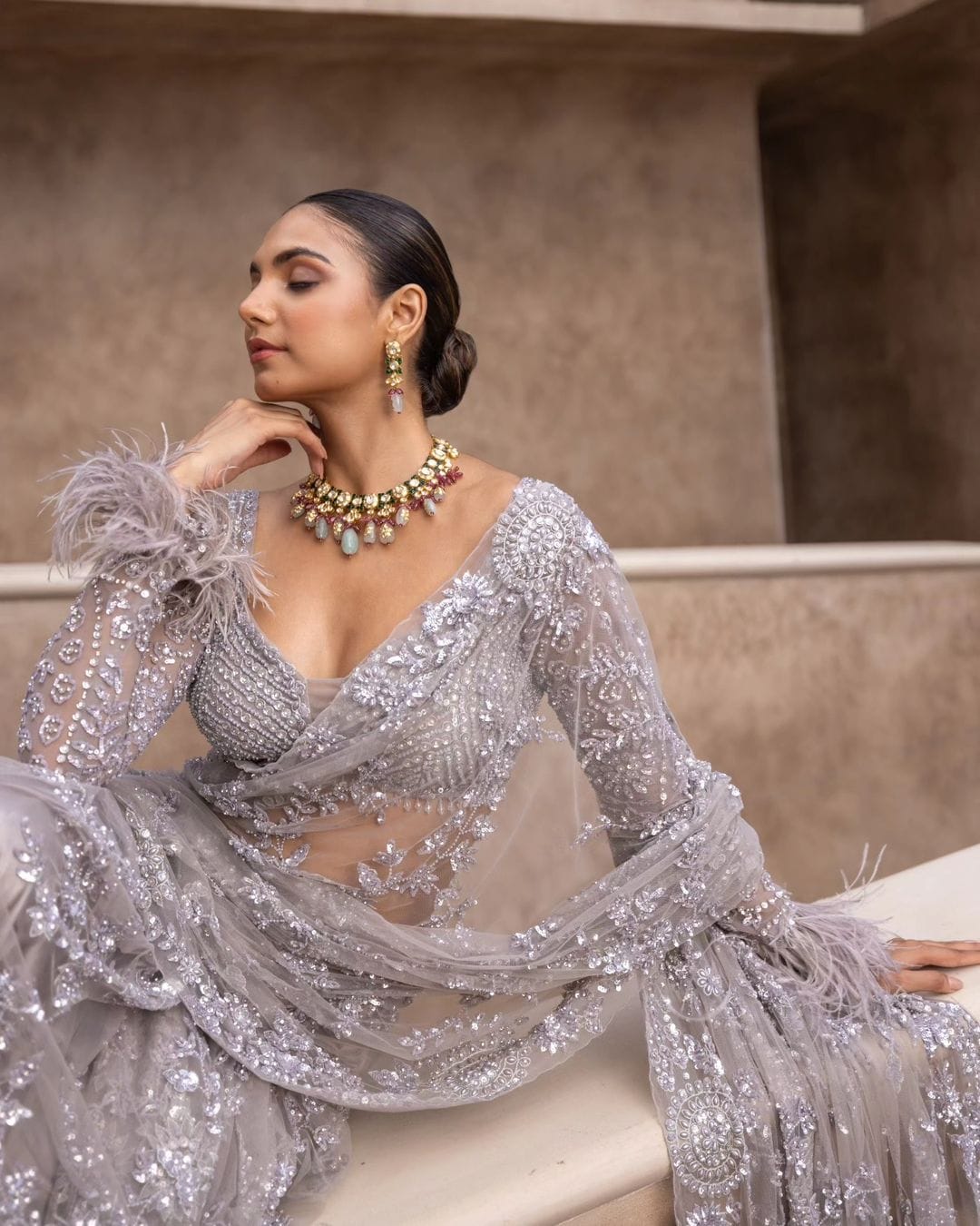Women's Designer Grey Net Saree with Full Sleeve Embellished Blouse – Sequined Wedding & Partywear Saree