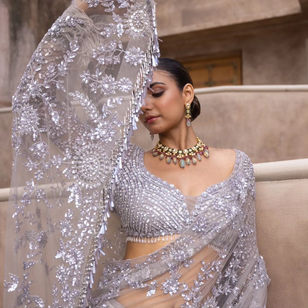 Women's Designer Grey Net Saree with Full Sleeve Embellished Blouse – Sequined Wedding & Partywear Saree