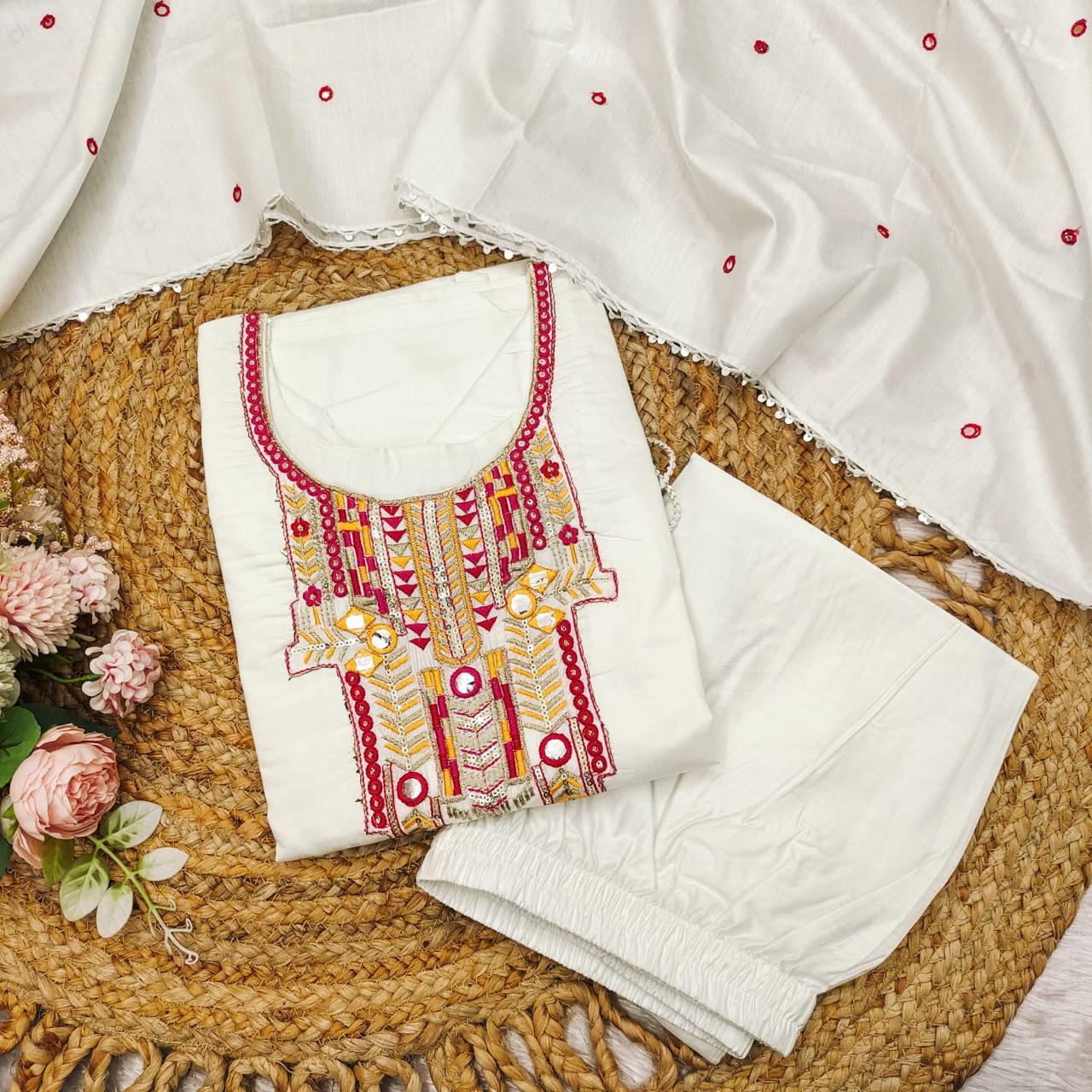 🤍 Elegant White Kaftan Style Kurti Set 🌈 3 suit pack