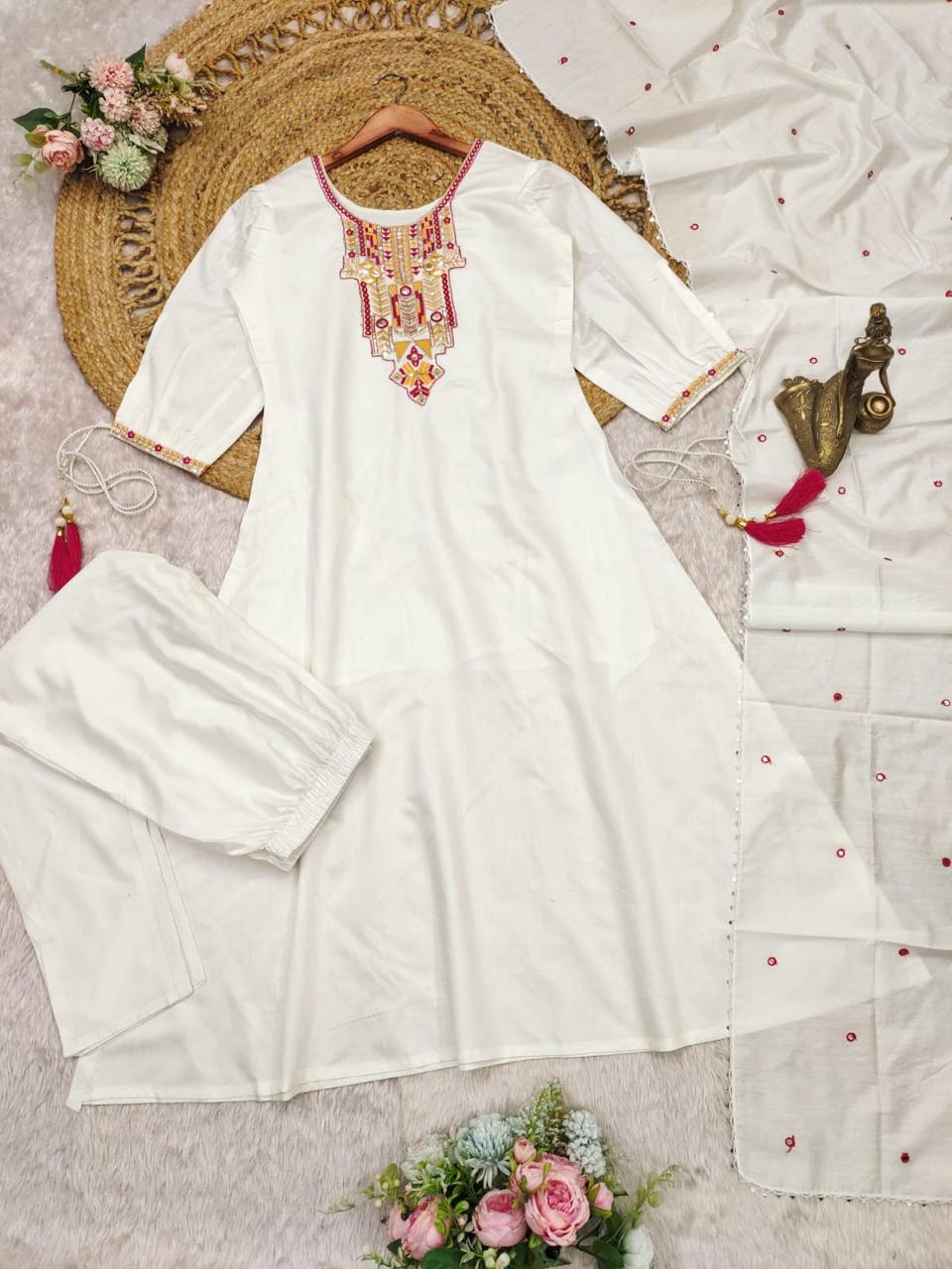 🤍 Elegant White Kaftan Style Kurti Set 🌈 3 suit pack