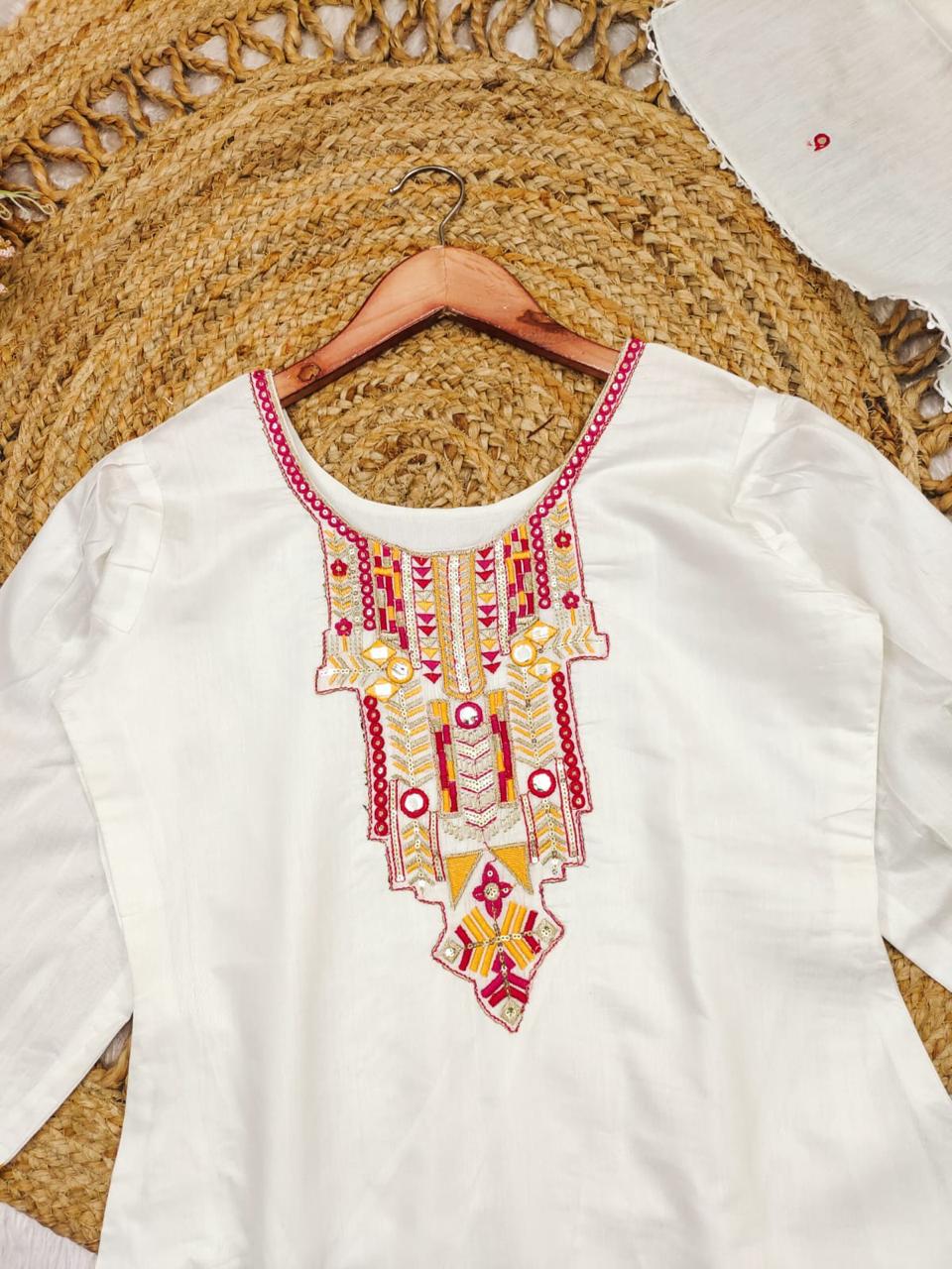 🤍 Elegant White Kaftan Style Kurti Set 🌈 3 suit pack