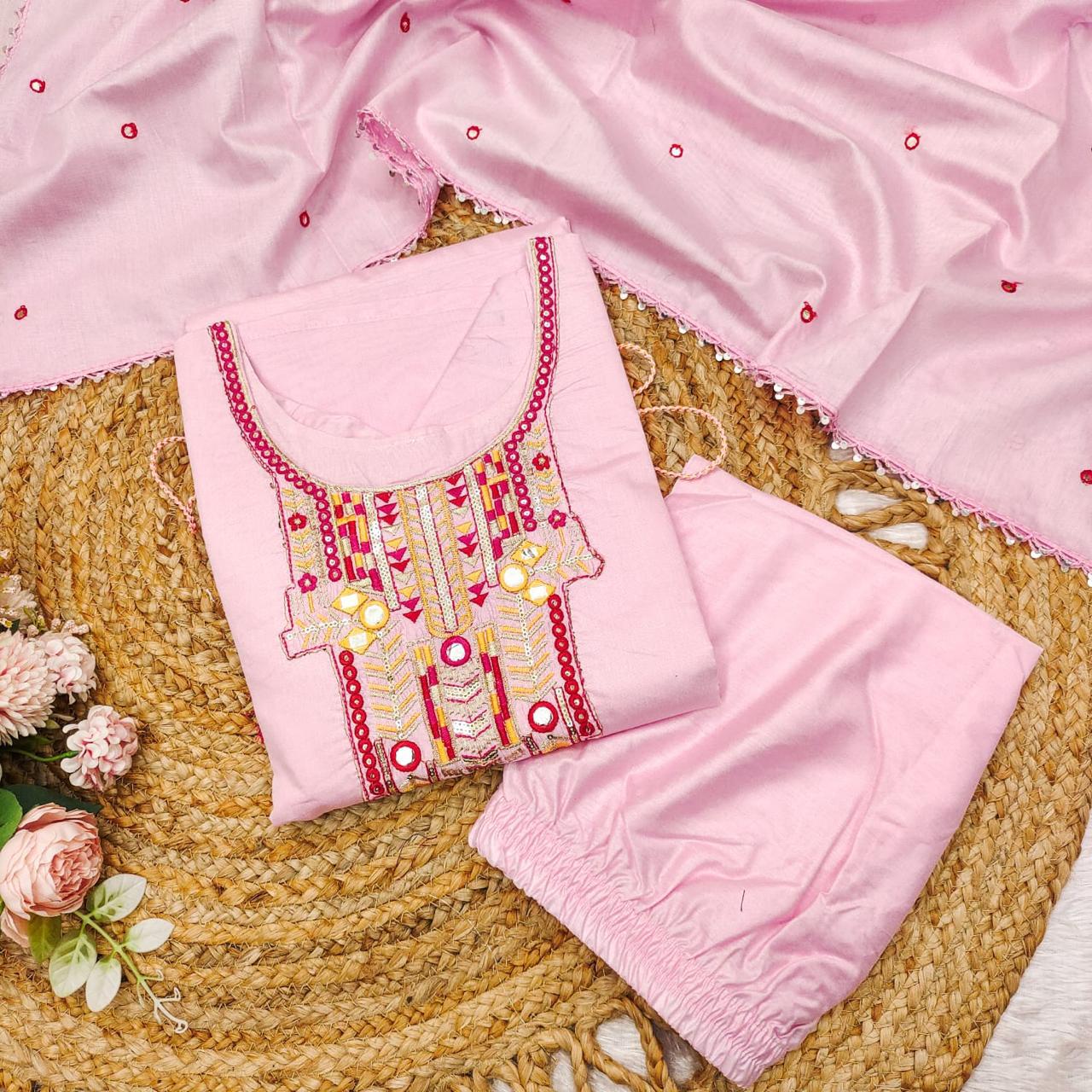 🤍 Elegant Pink Kaftan Style Kurti Set 🌈 3 suit pack