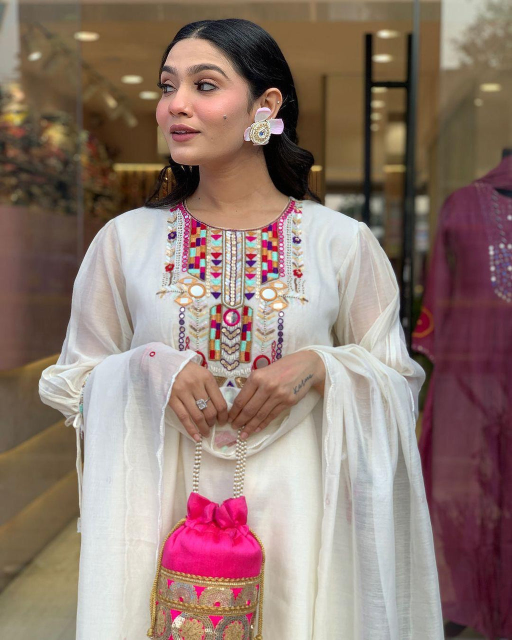 🤍 Elegant White Kaftan Style Kurti Set 🌈 3 suit pack