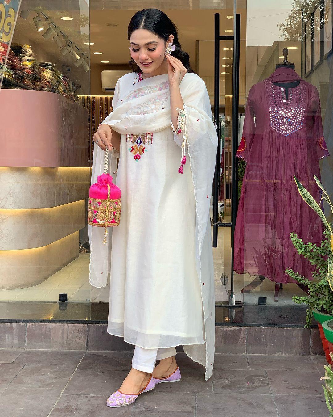 🤍 Elegant White Kaftan Style Kurti Set 🌈 3 suit pack