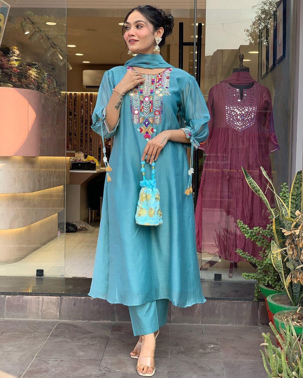 🌊 Teal Blue Kaftan Style Kurti Set💫