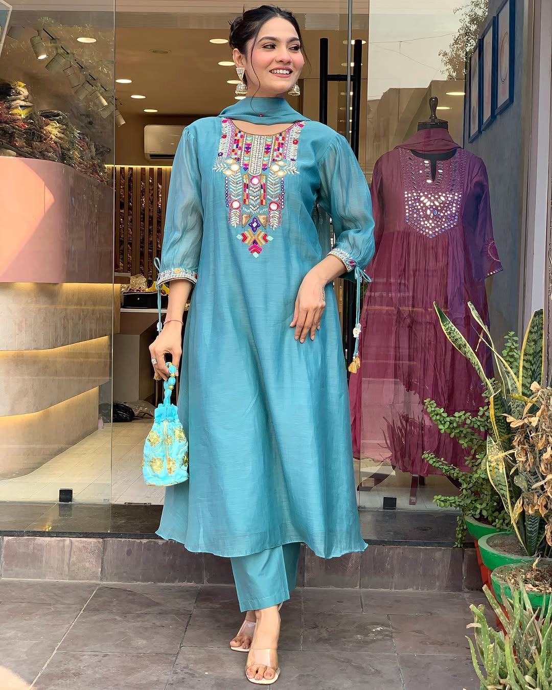 🌊 Teal Blue Kaftan Style Kurti Set💫