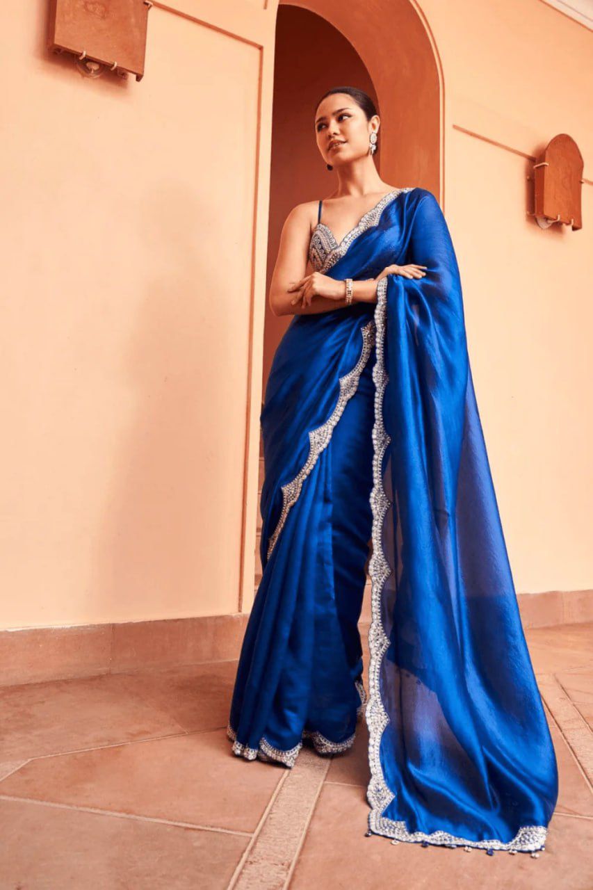 Elegant Royal Blue Satin Saree with Sequin Detailing