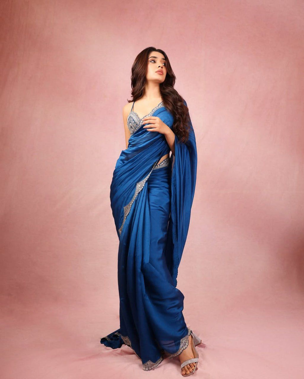 Elegant Royal Blue Satin Saree with Sequin Detailing