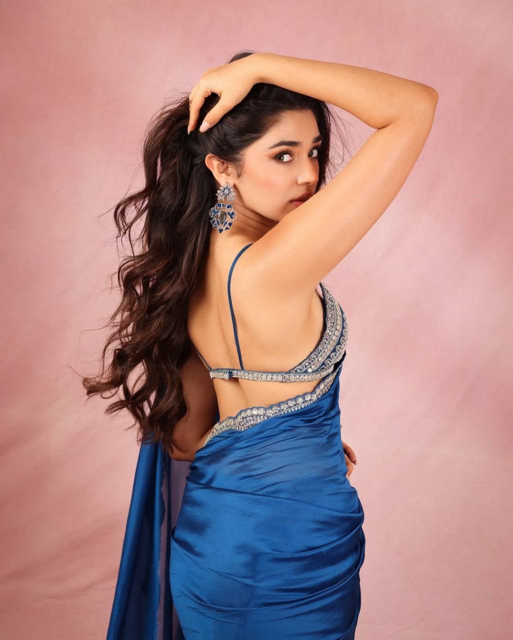 Elegant Royal Blue Satin Saree with Sequin Detailing