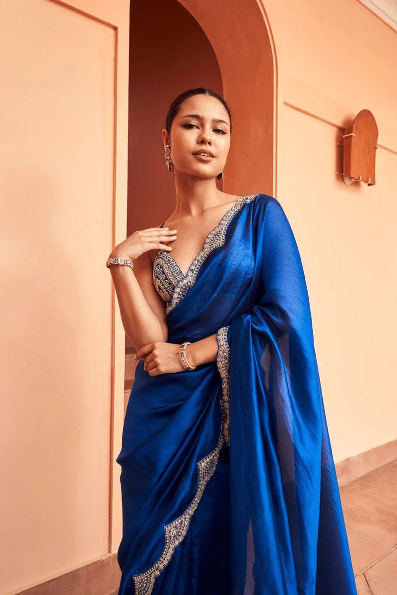 Elegant Royal Blue Satin Saree with Sequin Detailing