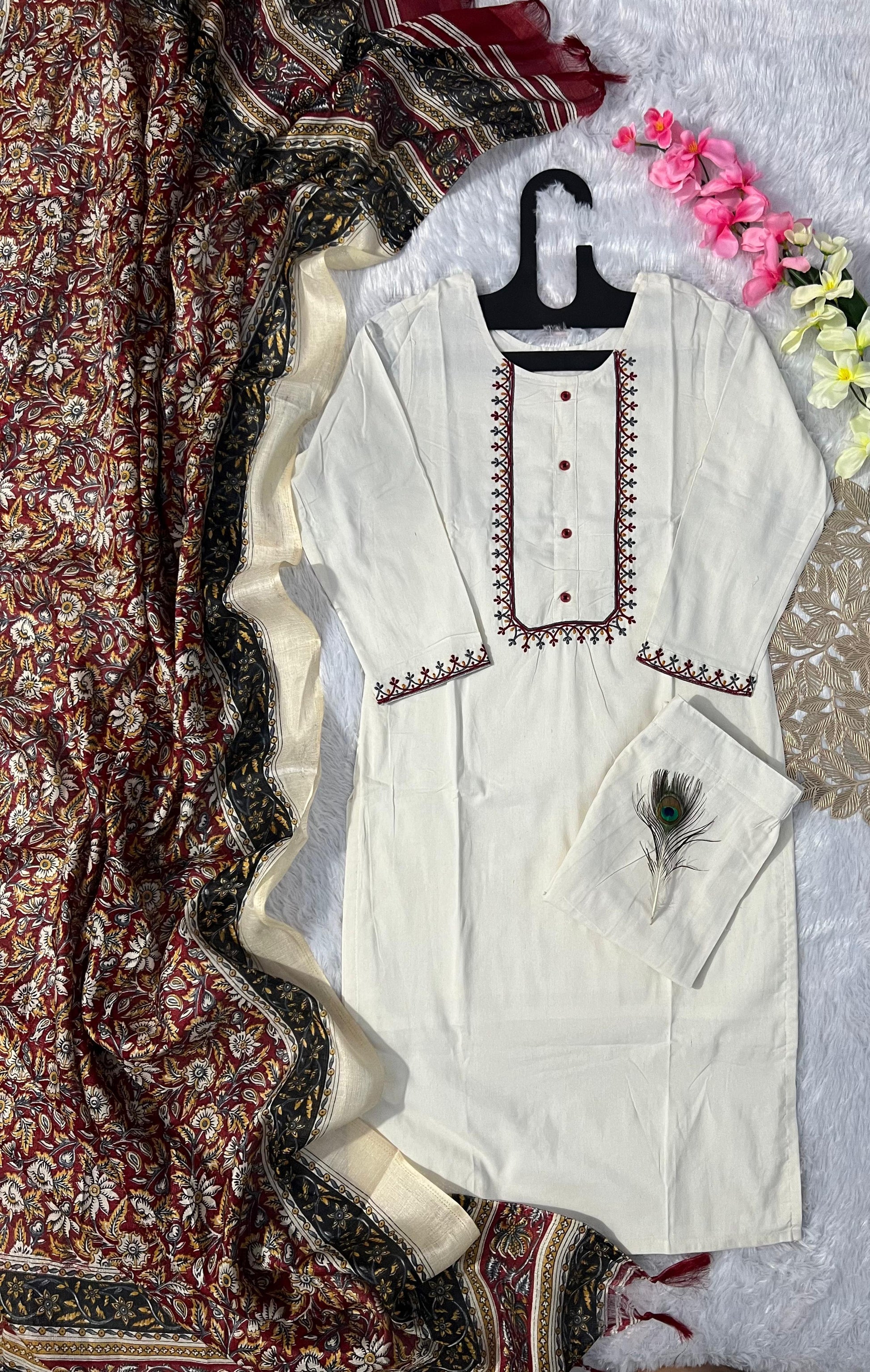 🌿 Ethnic Grace Khadi Cotton Kurti Pant Dupatta Set | Traditional Bhagalpuri Print | Sizes S-3XL 🌸