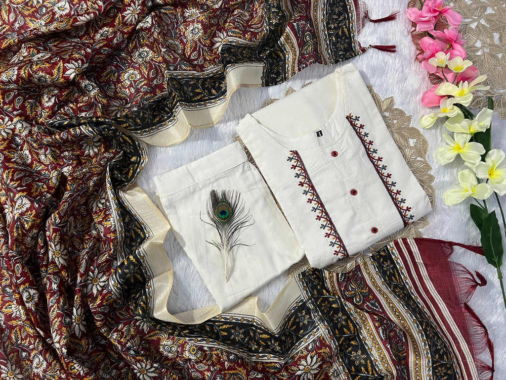 🌿 Ethnic Grace Khadi Cotton Kurti Pant Dupatta Set | Traditional Bhagalpuri Print | Sizes S-3XL 🌸