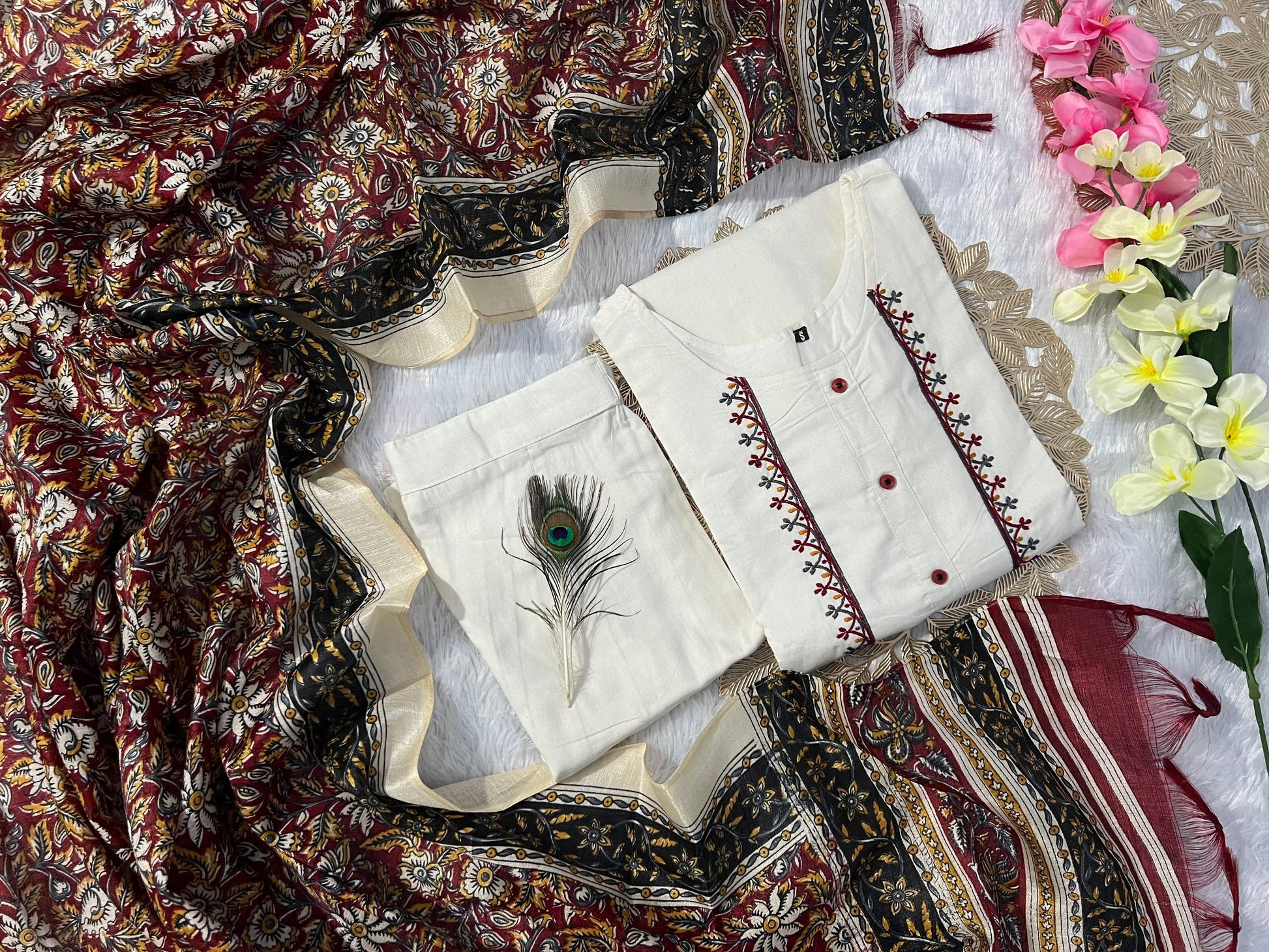 🌿 Ethnic Grace Khadi Cotton Kurti Pant Dupatta Set | Traditional Bhagalpuri Print | Sizes S-3XL 🌸
